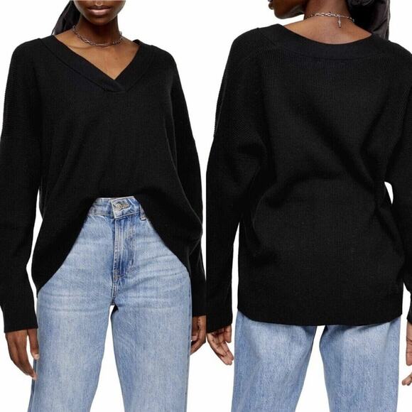 Topshop V-Neck Rib Knit Pullover Sweater Loose Fit Casual US 0-2 Black NWT Small - Picture 1 of 5